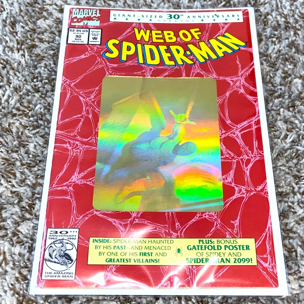 VINTAGE 1992 MARVEL Hologram 30th Anniversary Spider-Man Comic & Poster #90